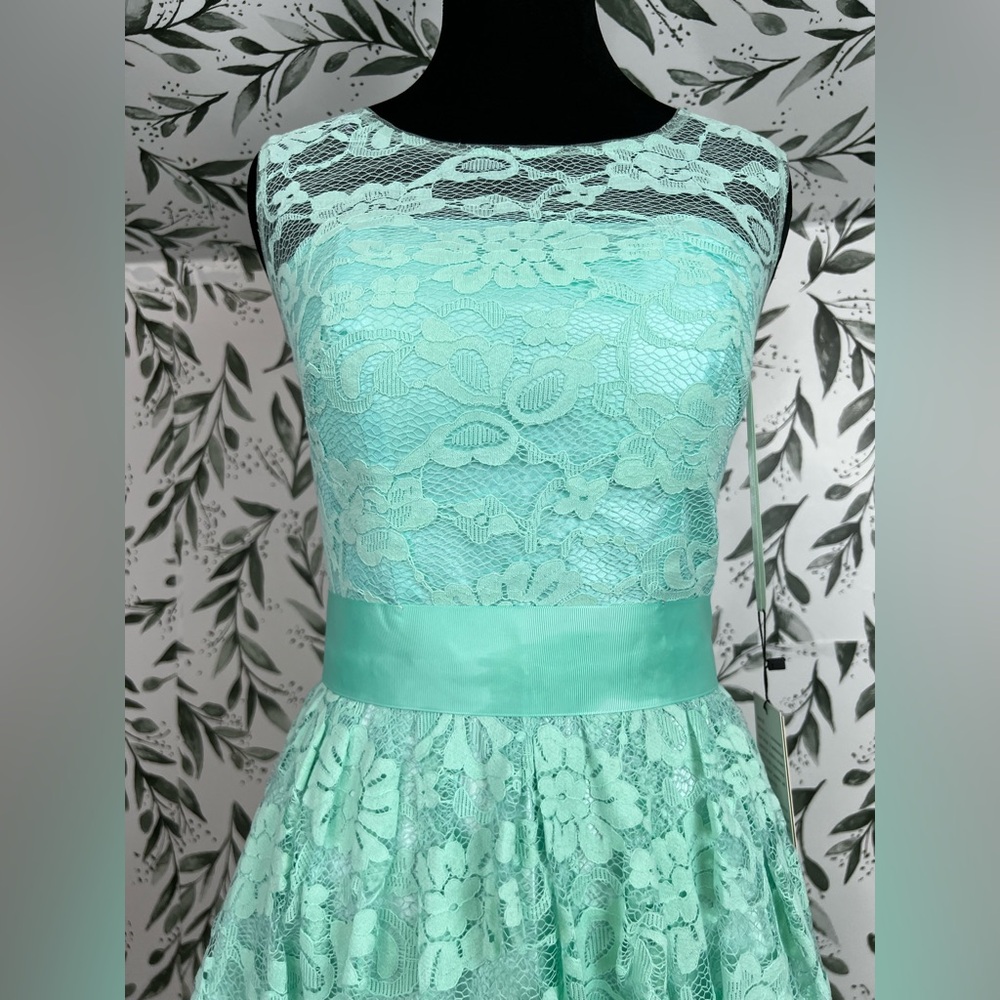 Elegant Lace Mint Green Prom Bridesmaid Cocktail Dress Sz XS Satin Waistband #D - Picture 4 of 16